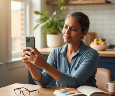 Person holding smartphone at arm's length realizing they need reading glasses at 45 - presbyopia symptoms