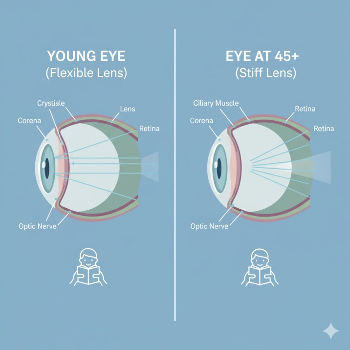 Presbyopia eye anatomy diagram showing lens changes that cause need for reading glasses after 45