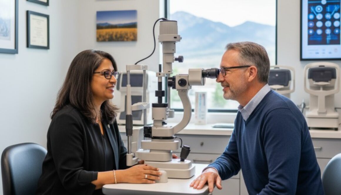 Professional eye examination for 55-year-old patient at Poudre Valley Eyecare in Fort Collins, Colorado, showing modern diagnostic equipment and caring optometrist