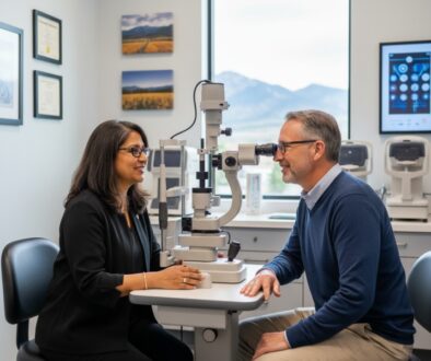 Professional eye examination for 55-year-old patient at Poudre Valley Eyecare in Fort Collins, Colorado, showing modern diagnostic equipment and caring optometrist