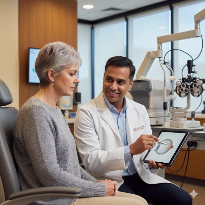 Fort Collins eye doctor explaining floaters and flashes symptoms to concerned patient at Poudre Valley Eyecare