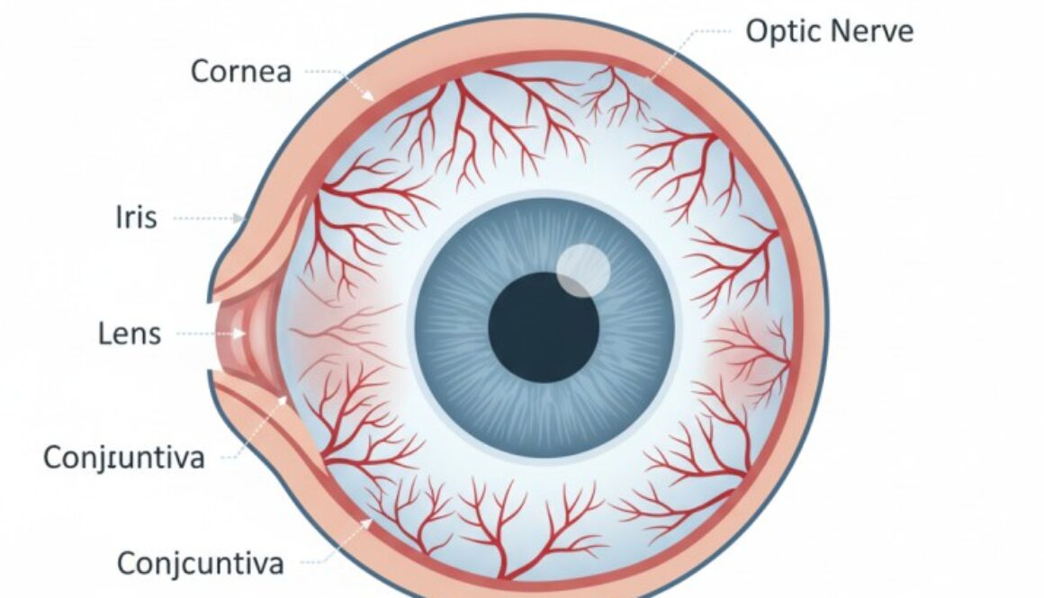 "Medical diagram showing red, painful eyes with inflamed blood vessels and conjunctiva inflammation - comprehensive eye care guide from Poudre Valley Eyecare Fort Collins"
