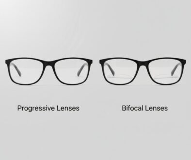 Progressive lenses vs bifocal lenses comparison showing two pairs of eyeglasses side by side, with progressive lenses on left showing no visible lines and bifocal lenses on right showing visible line separation