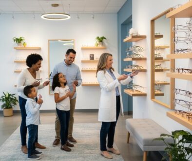 Professional optometrist helping Fort Collins family choose eyeglass frames at modern eye care center, showing various frame styles and lens options during comprehensive consultation