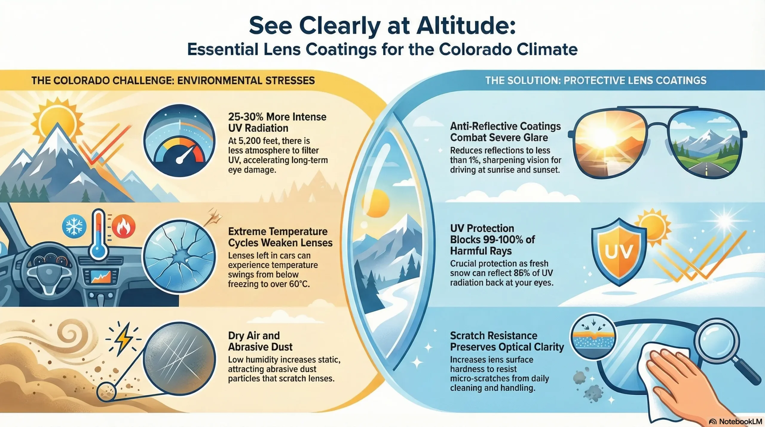 An infographic detailing how Colorado’s environment affects eyewear, highlighting that UV intensity is 25–30% higher at 5,200 feet than at sea level. The graphic illustrates the benefits of anti-reflective coatings for driving and the importance of scratch resistance against abrasive agricultural dust. It also depicts the stress caused by extreme temperature cycles on lens bonds.