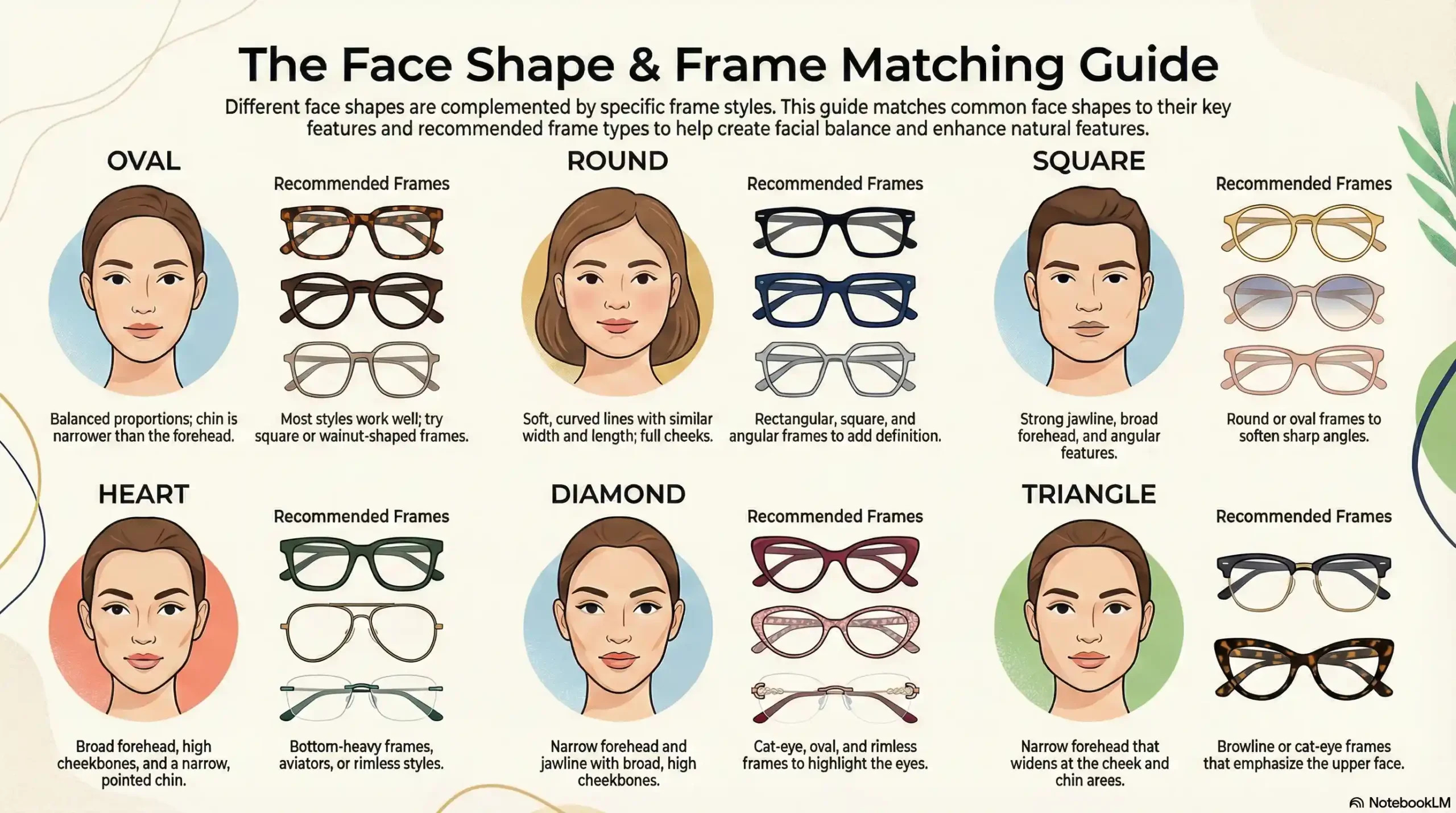 Chart matching face shapes with ideal eyeglass frame styles.