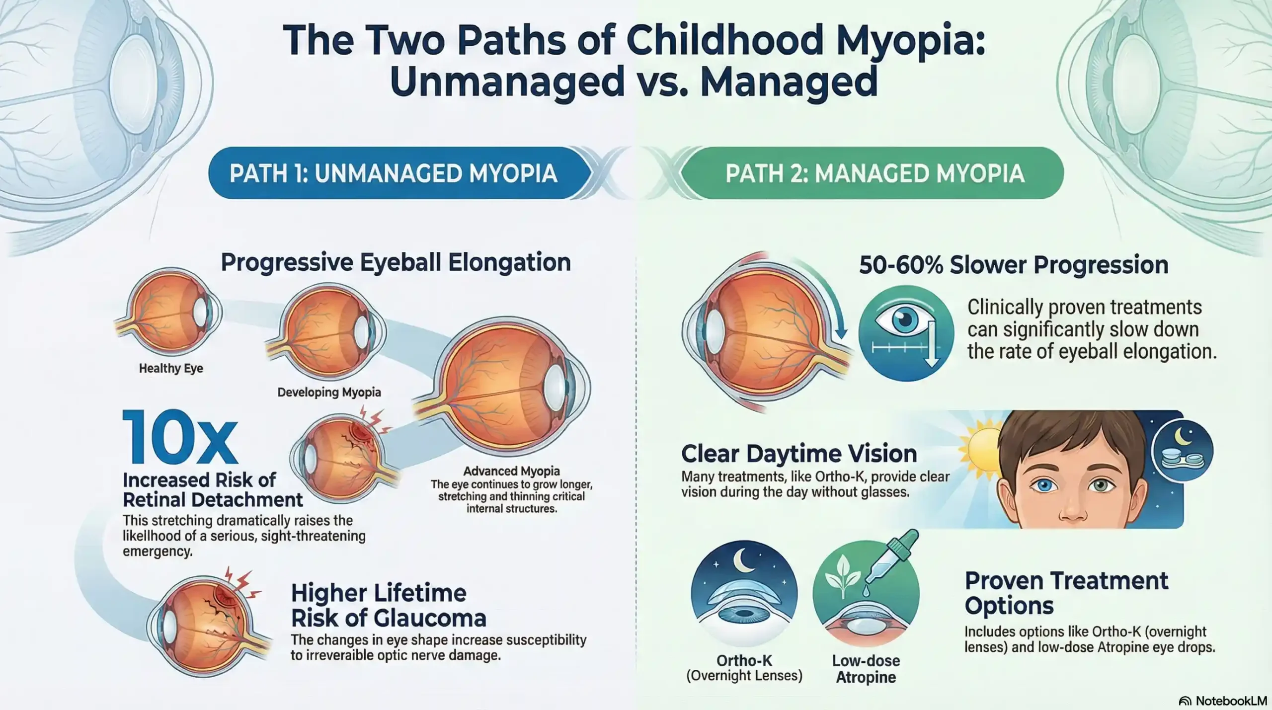 Chart showing 10x increased risk of retinal detachment in high myopia vs. 60% reduction in progression with management.
