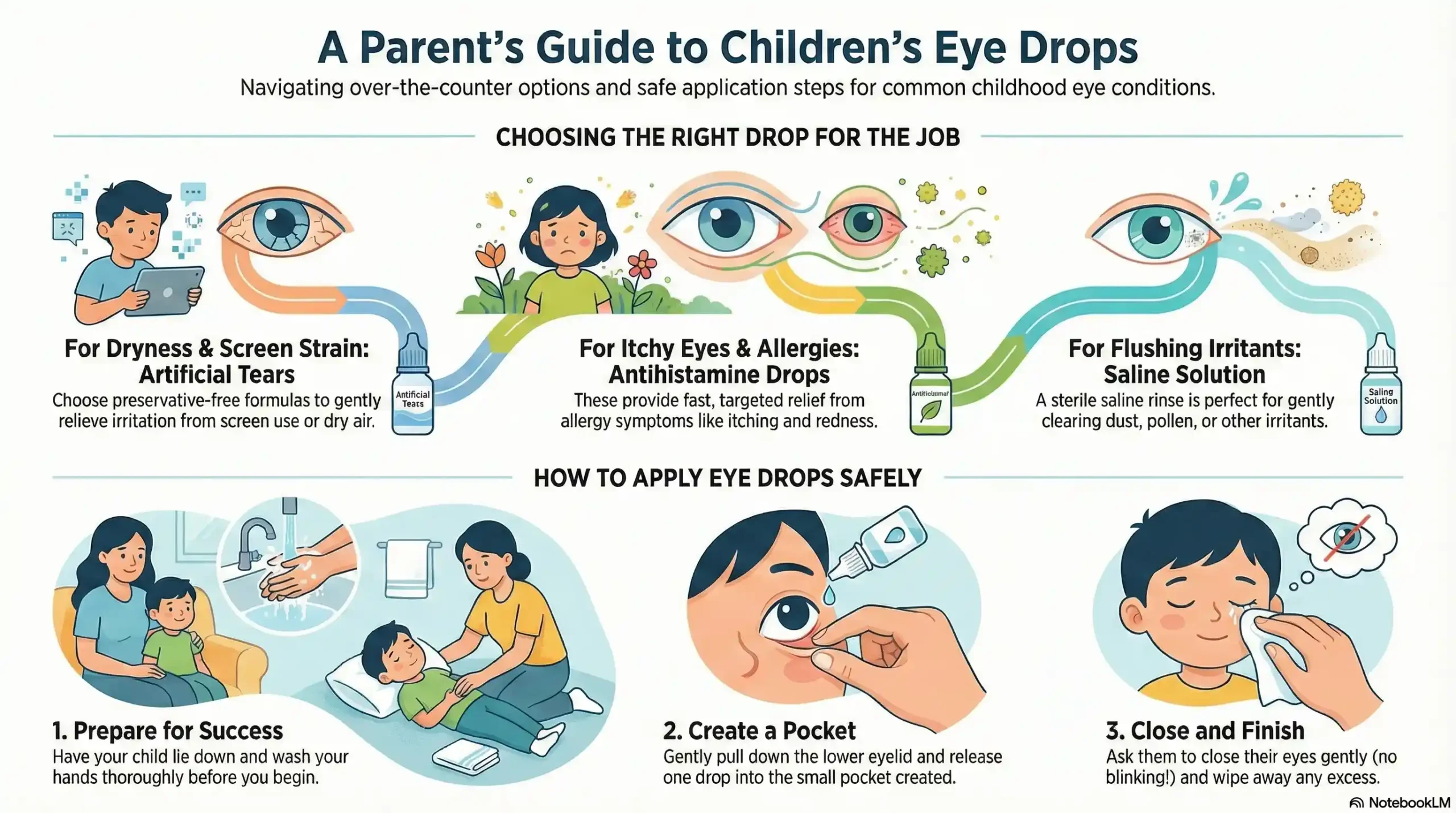 Reference chart classifying safe eye drops for kids by specific eye conditions (dryness, allergies, infection) and age appropriateness (infants vs. school-age), highlighting preservative-free options and pediatric recommendations.