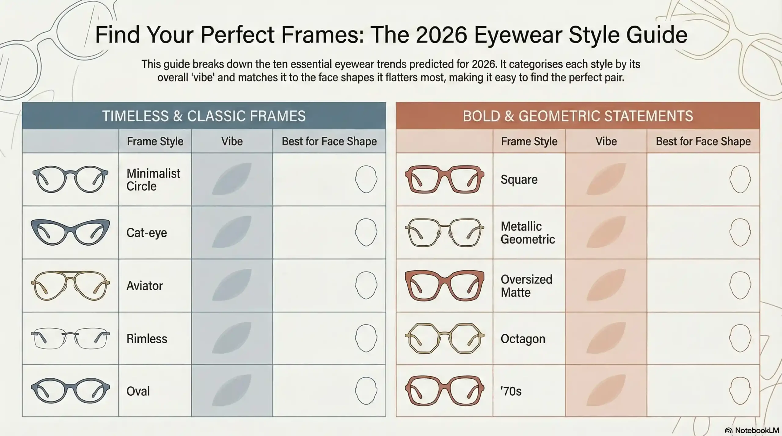 Chart showing 2026 eyeglass trends mapped to complementary face shapes.