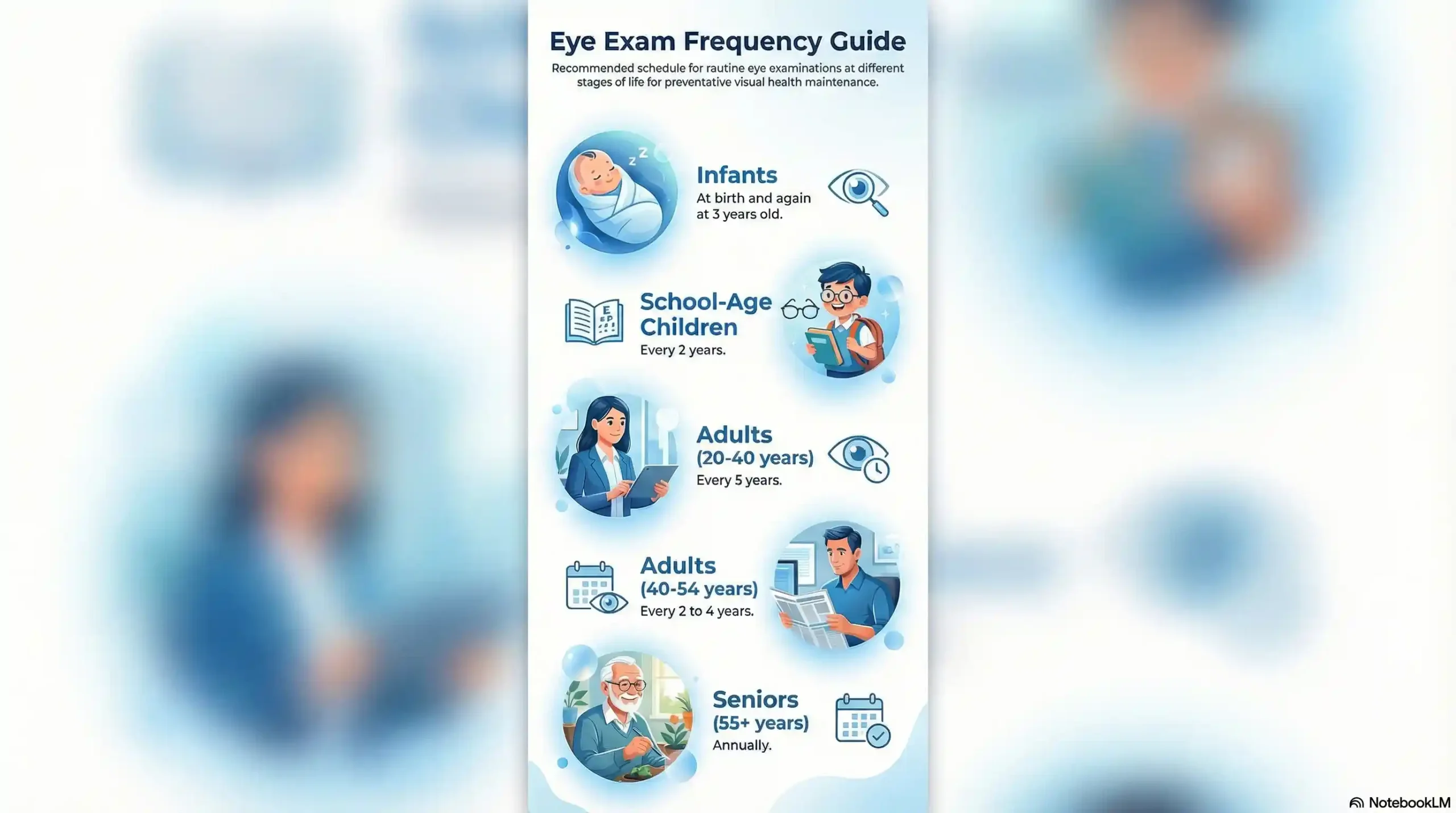 Chart showing recommended eye exam frequency by age group from infants to seniors.