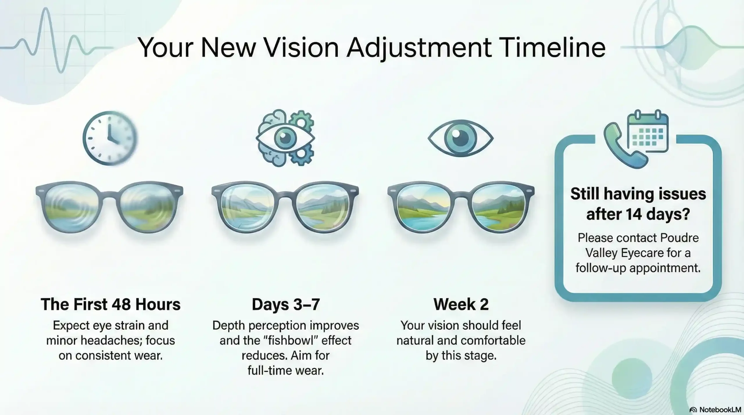 Infographic showing the timeline for adjusting to new glasses from 2 days to 2 weeks.
