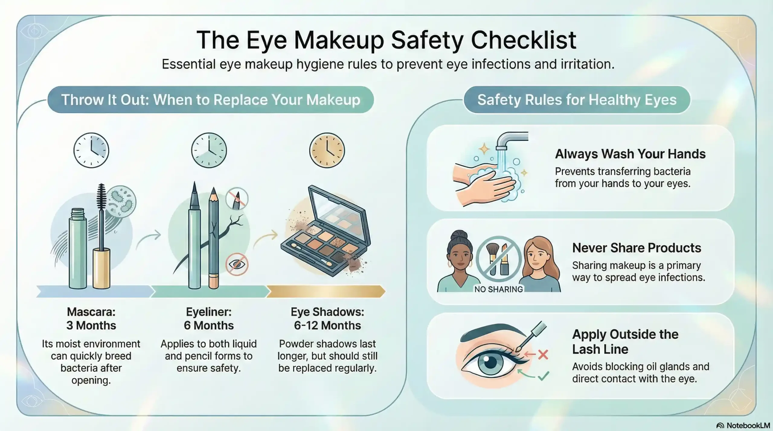 Eye makeup expiration chart and safety protocol for mascara, eyeliner, and shadows.