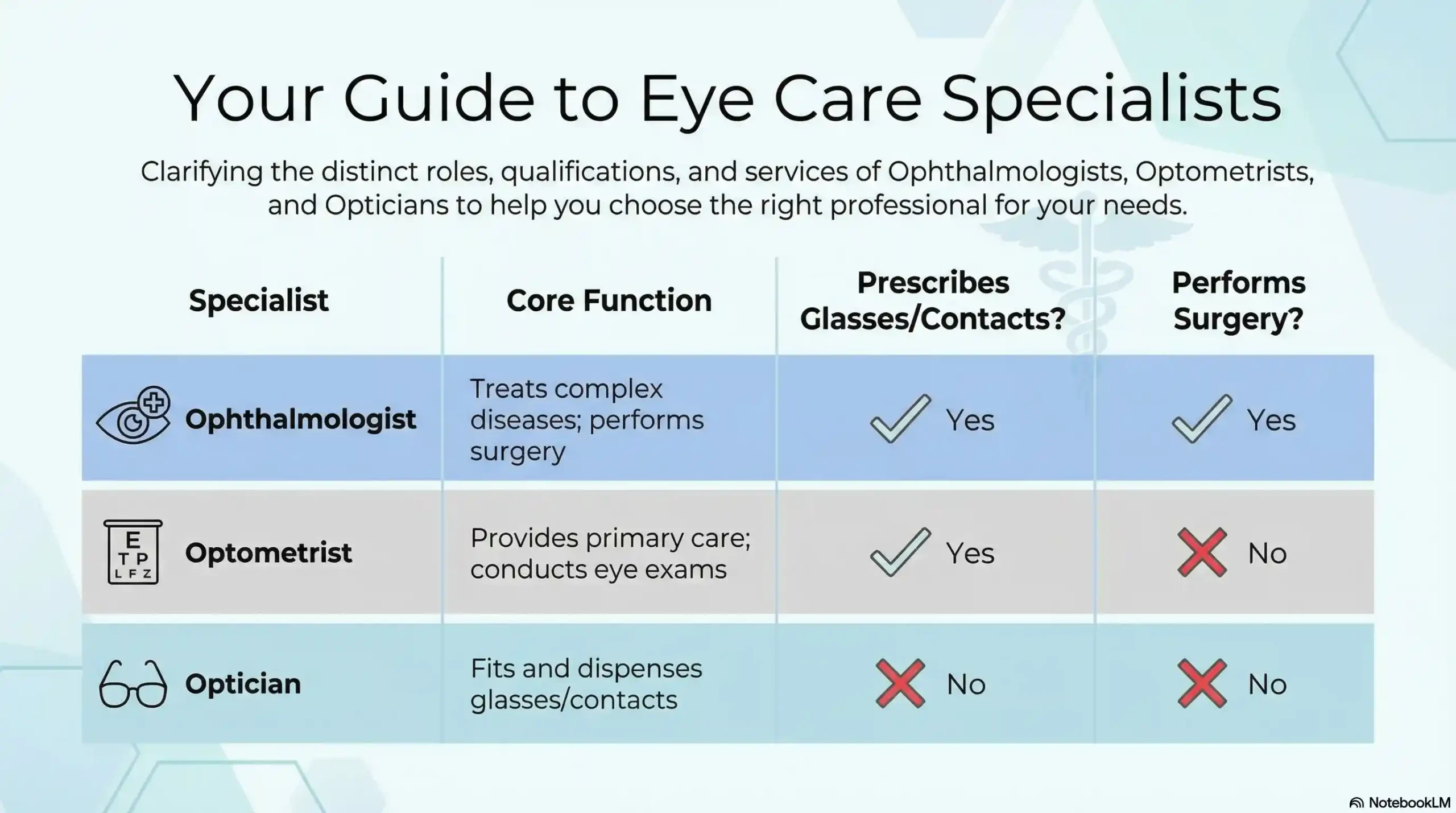 Comparison chart showing differences in education, surgery capabilities, and prescription services for Optometrists, Opticians, and Ophthalmologists.
