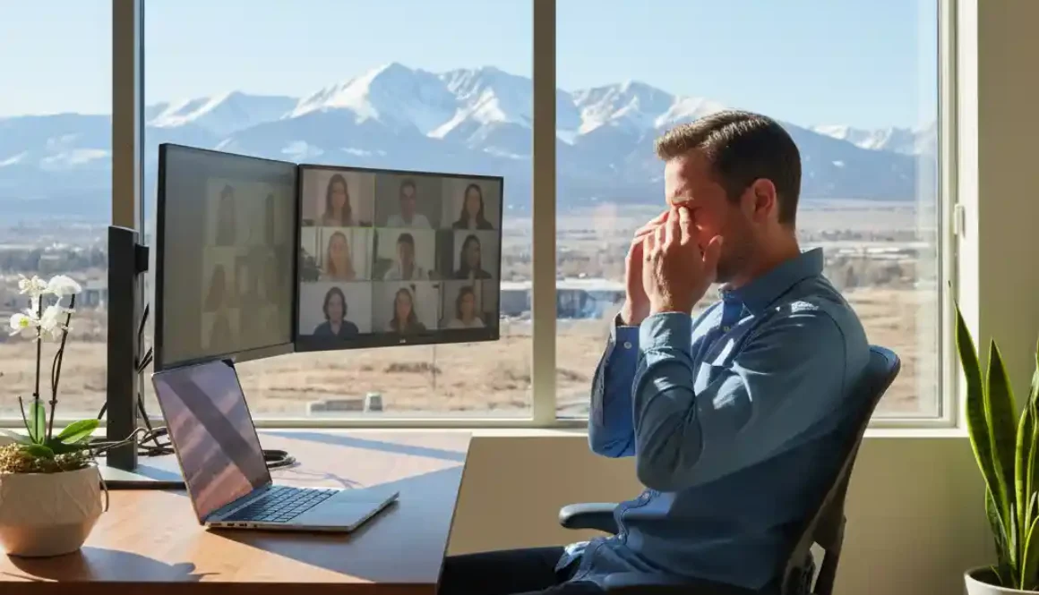 Fort Collins remote worker experiencing eye strain from bright sunlight and prolonged screen use in a home office