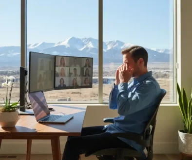 Fort Collins remote worker experiencing eye strain from bright sunlight and prolonged screen use in a home office
