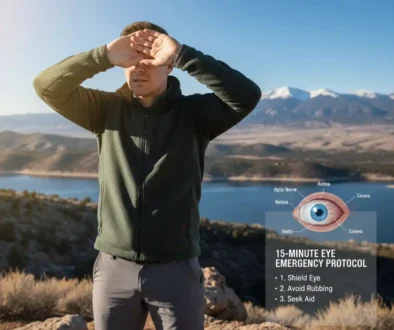 Fort Collins resident assessing sudden eye pain outdoors with mountain backdrop and emergency checklist overlay.