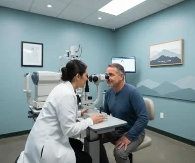 Emergency eye doctor examining patient with sudden eye pain using slit lamp in Fort Collins clinic.