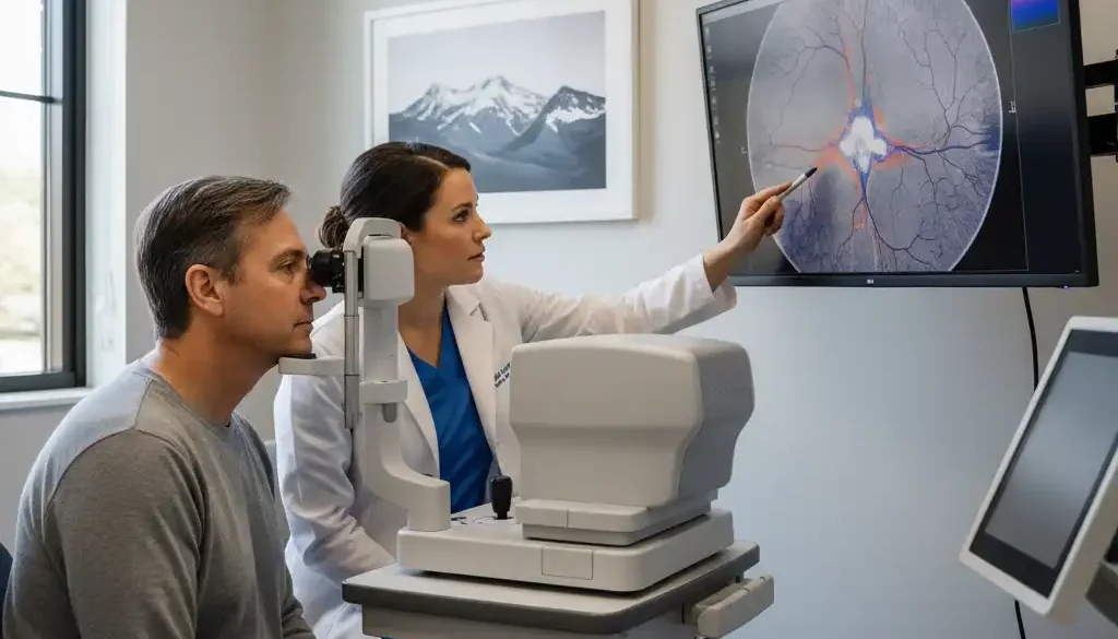 Optometrist performing ultra-widefield retinal imaging exam for sudden eye floaters and flashes in Fort Collins Colorado clinic.