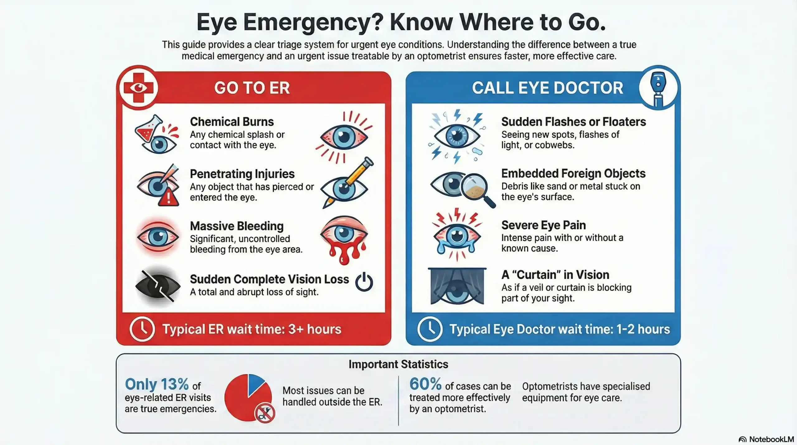 Decision chart for Fort Collins eye emergencies comparing ER symptoms vs urgent eye doctor symptoms.