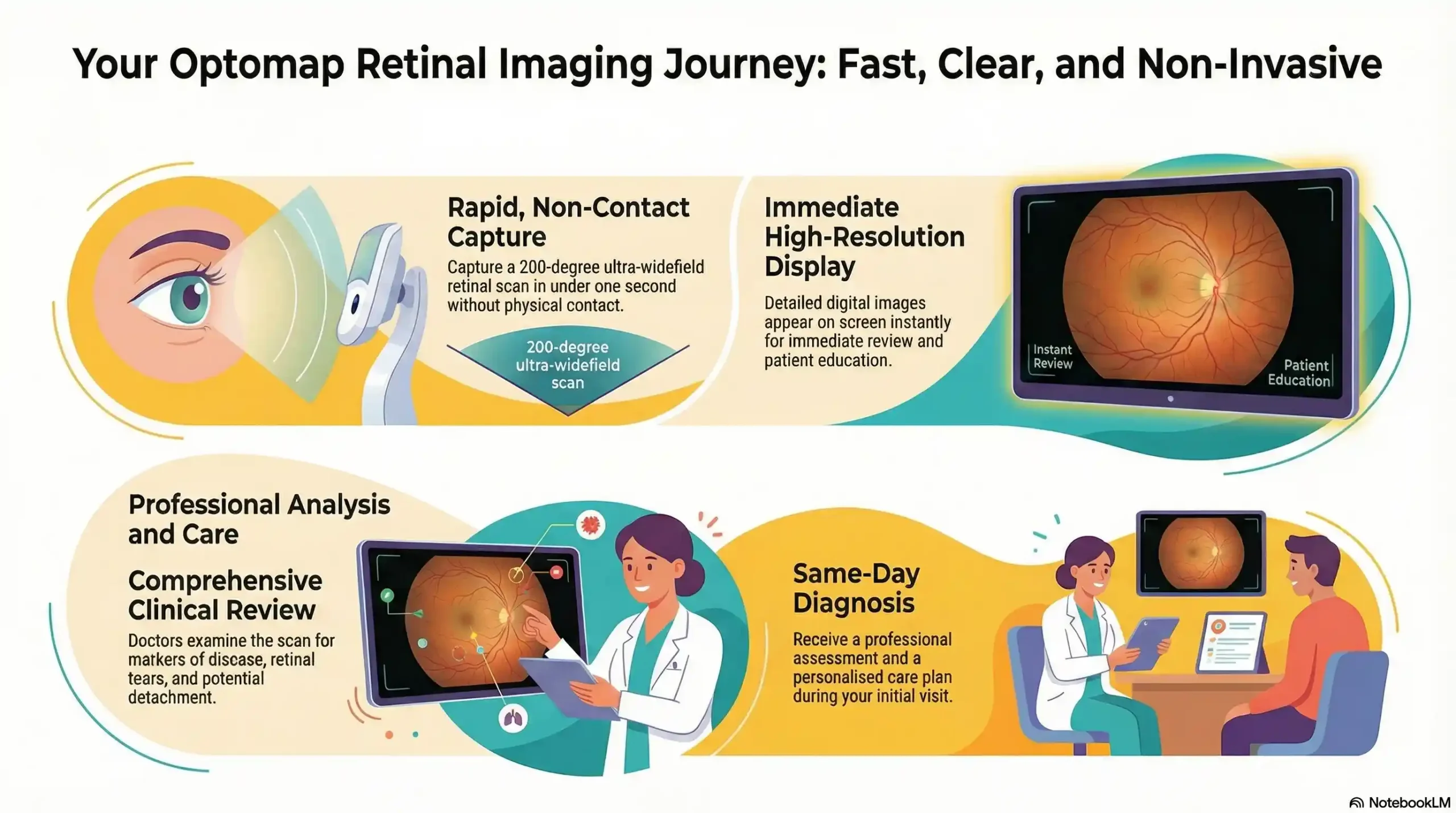 A visual diagram showing the five steps of an Optomap exam: positioning the eye without contact, capturing a 200-degree scan in under one second, immediately displaying the high-resolution image, the doctor reviewing it for retinal issues, and providing a same-day care plan.