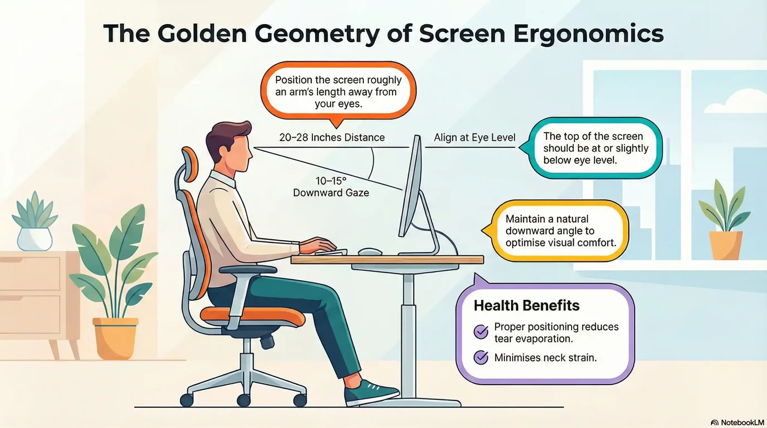 Infographic showing the optimal ergonomic computer workstation setup for remote workers to prevent eye strain.