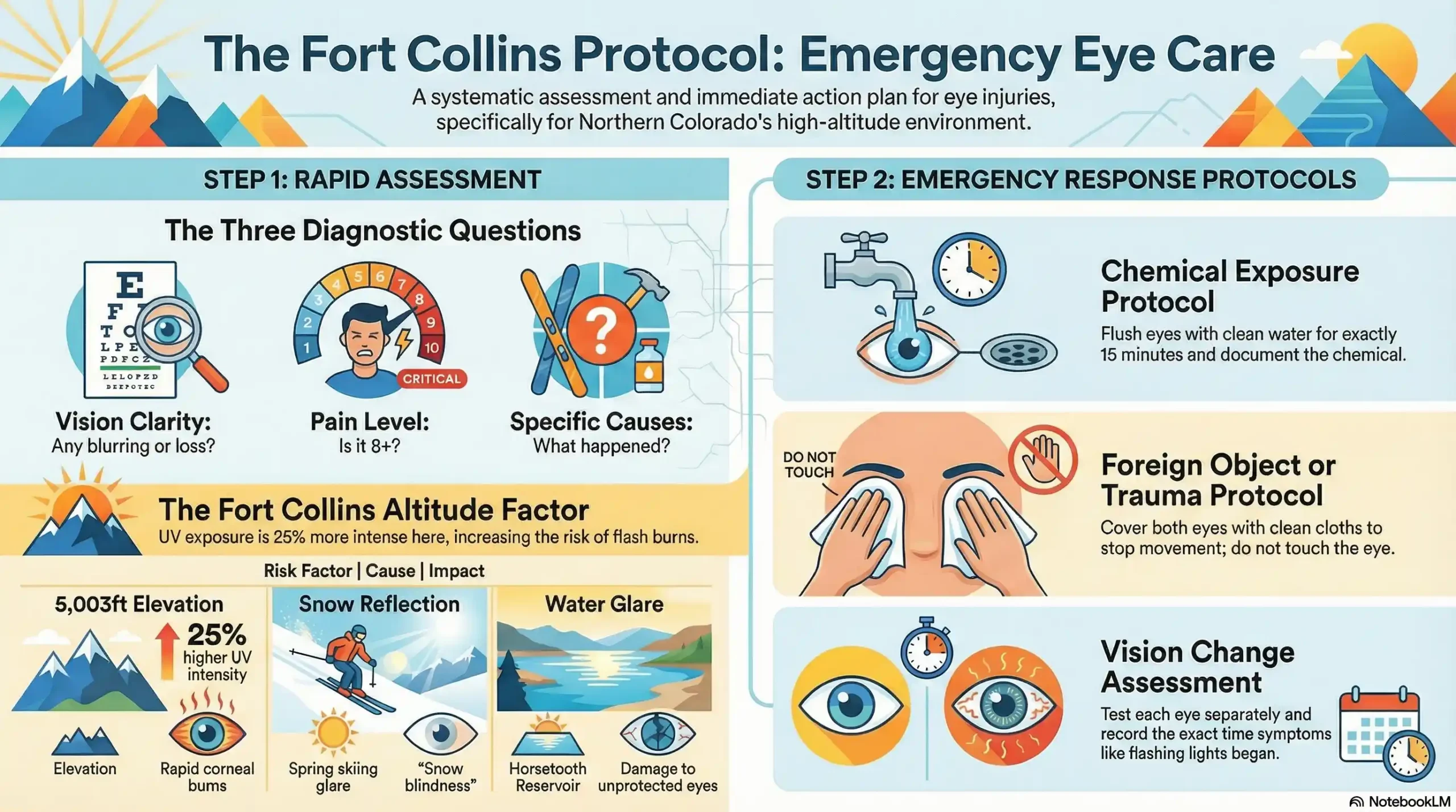 A decision flowchart titled "Emergency vs. Urgent vs. Routine Eye Care" that guides users on assessing eye symptoms to decide the appropriate medical response