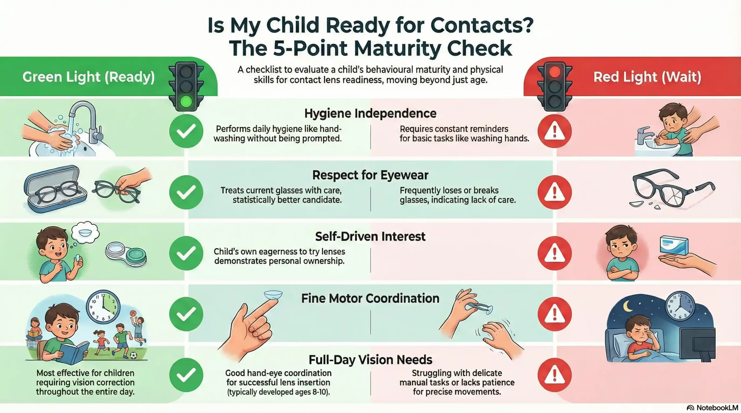 Infographic checklist comparing "Green Light" readiness signs (independent hygiene, glasses care) vs "Red Light" warning signs for children aged 8-12 considering contact lenses.