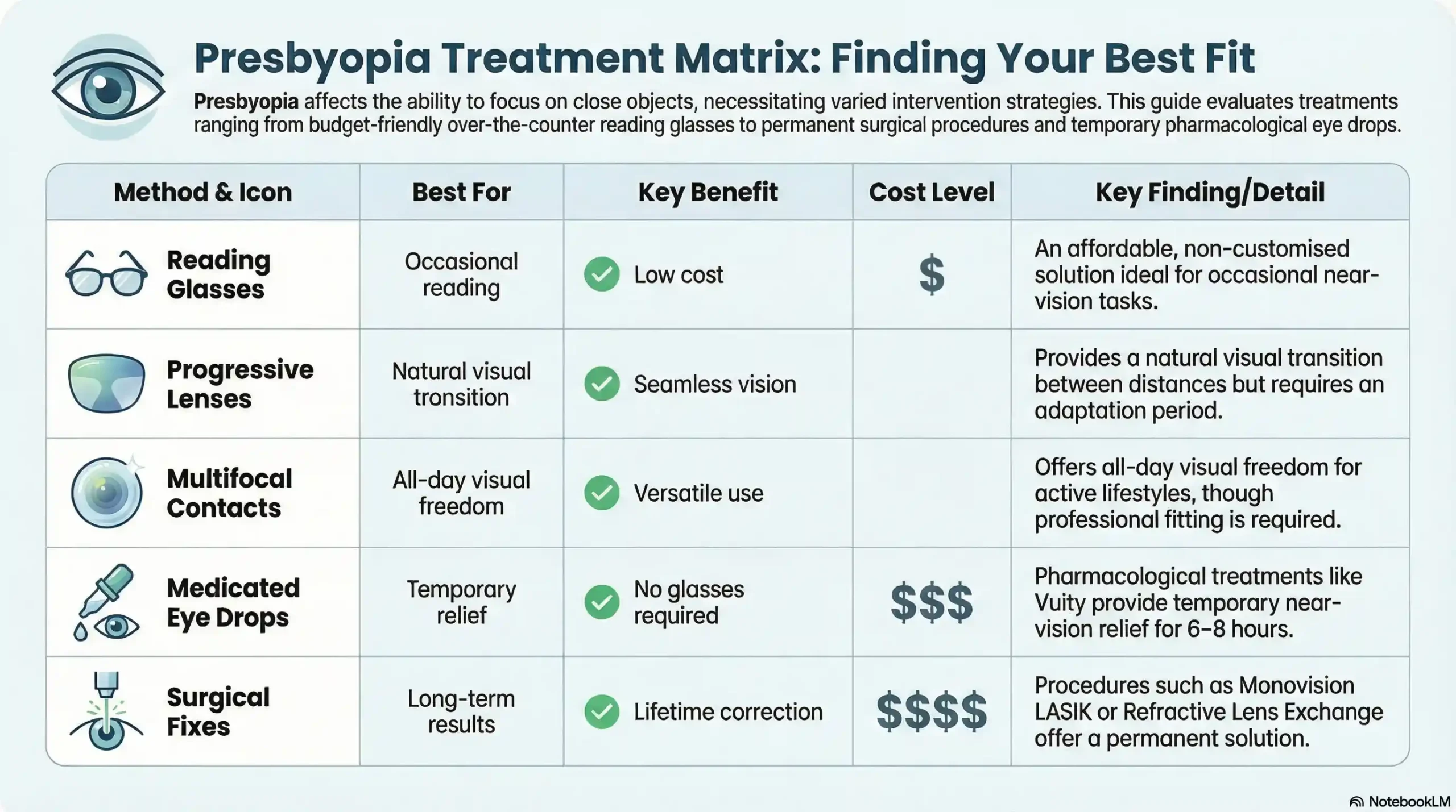 Comparison chart of presbyopia treatments including OTC readers, progressive lenses, multifocal contacts, Vuity eye drops, and LASIK surgery showing pros and cons.