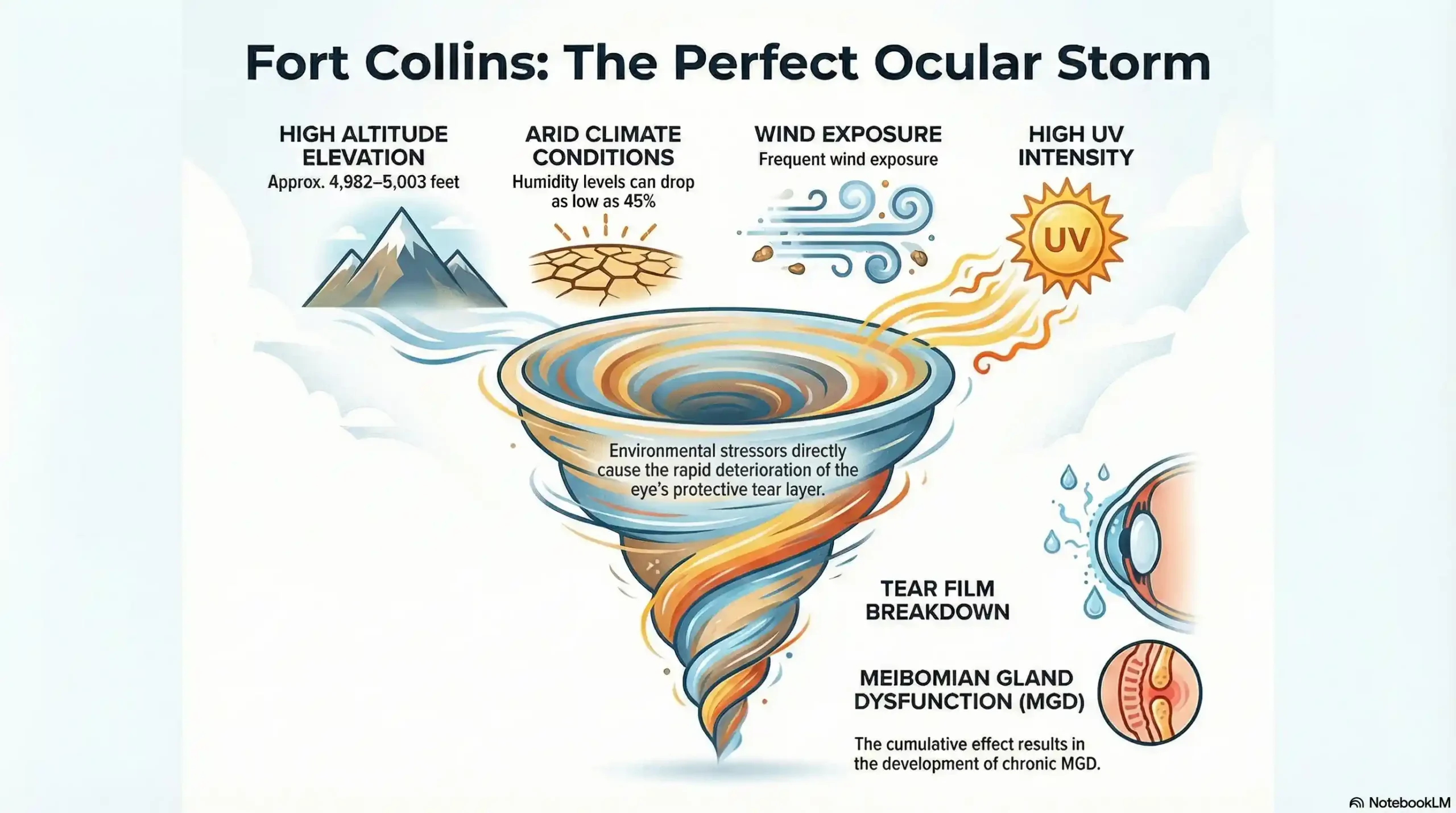 Infographic showing how Fort Collins altitude and low humidity cause Meibomian Gland Dysfunction and dry eye symptoms