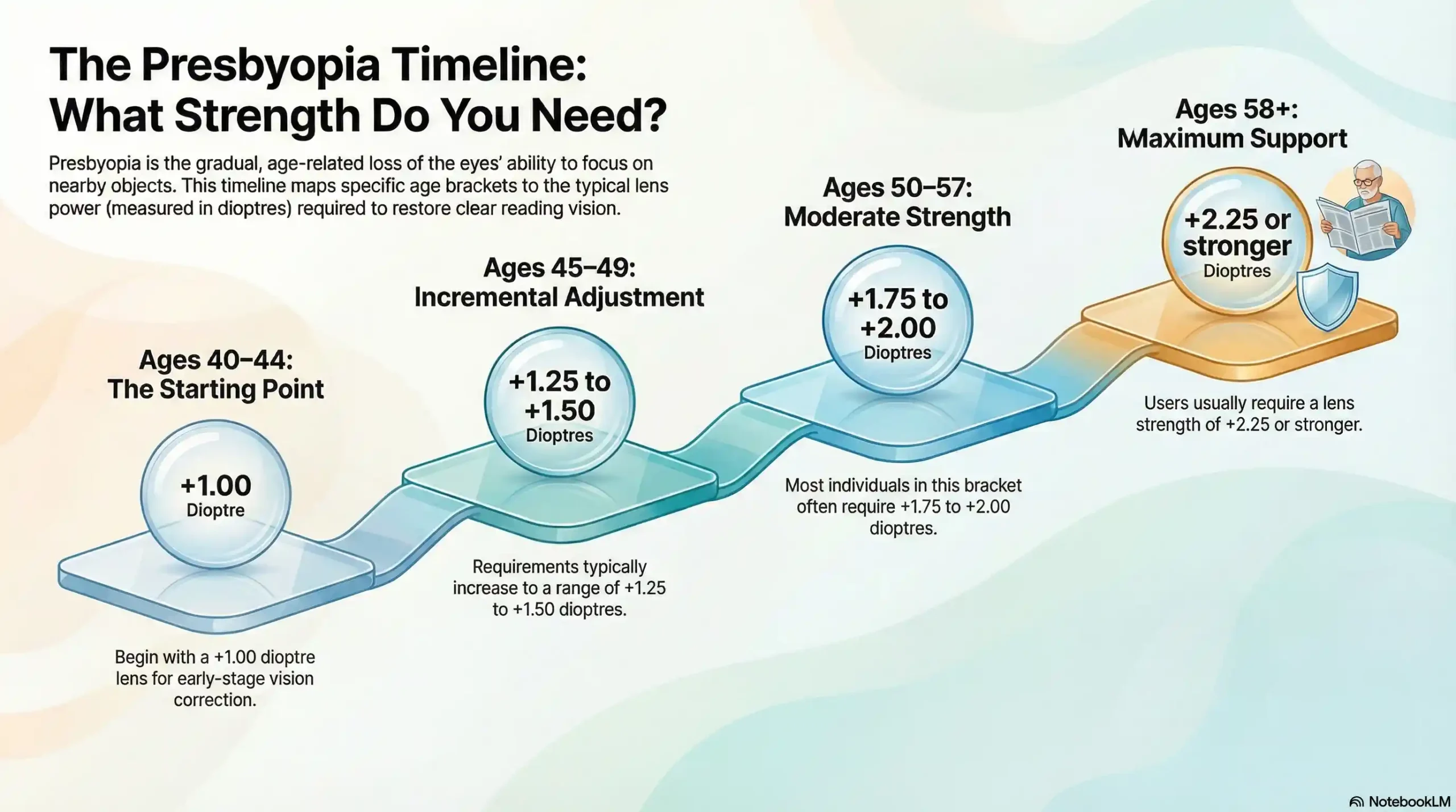 Chart showing the progression of reading glass prescription strengths (diopters) by age from 40 to 60+.