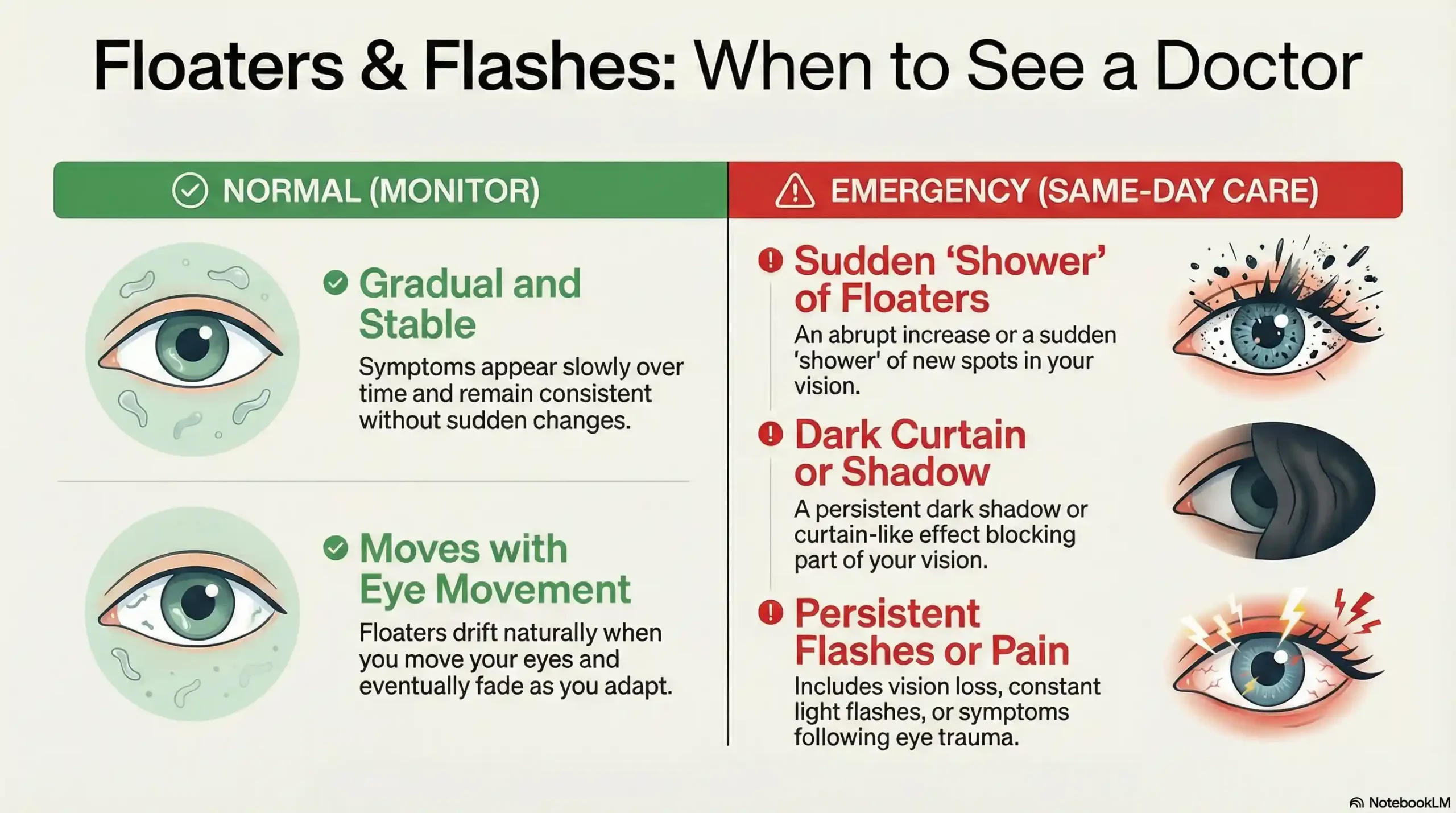 Flowchart comparing normal eye floater symptoms versus emergency retinal detachment warning signs.