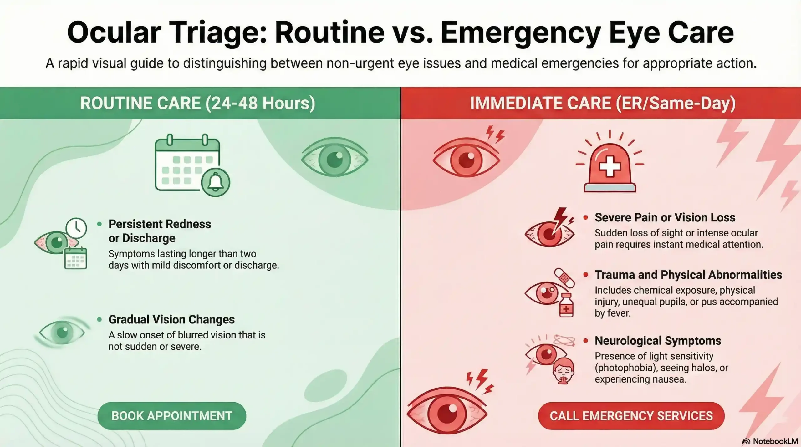 Infographic showing the difference between routine red eye symptoms and emergency eye conditions.