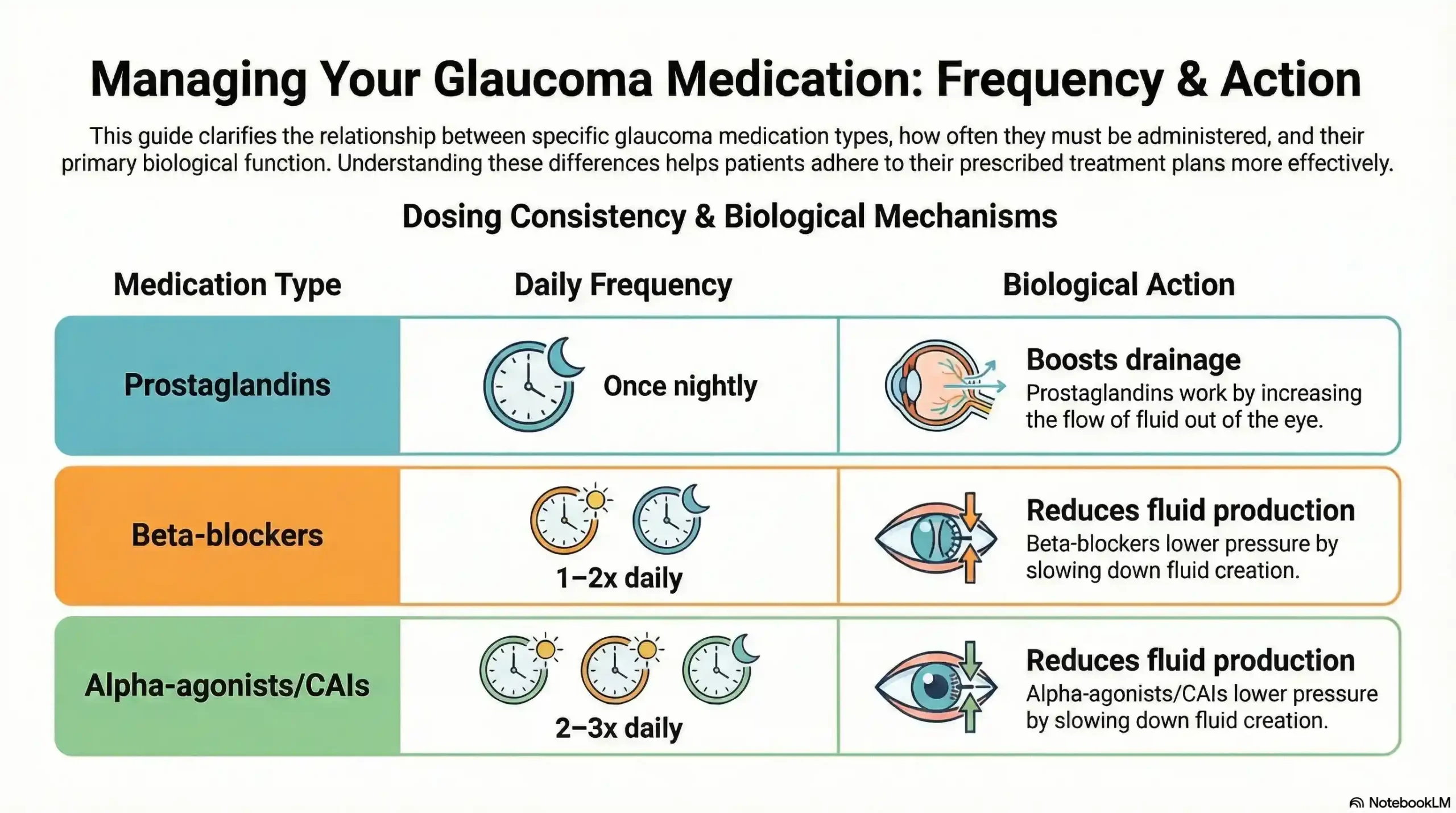 Chart comparing dosing frequency and actions of Prostaglandins, Beta-blockers, and Alpha-agonists for Glaucoma.