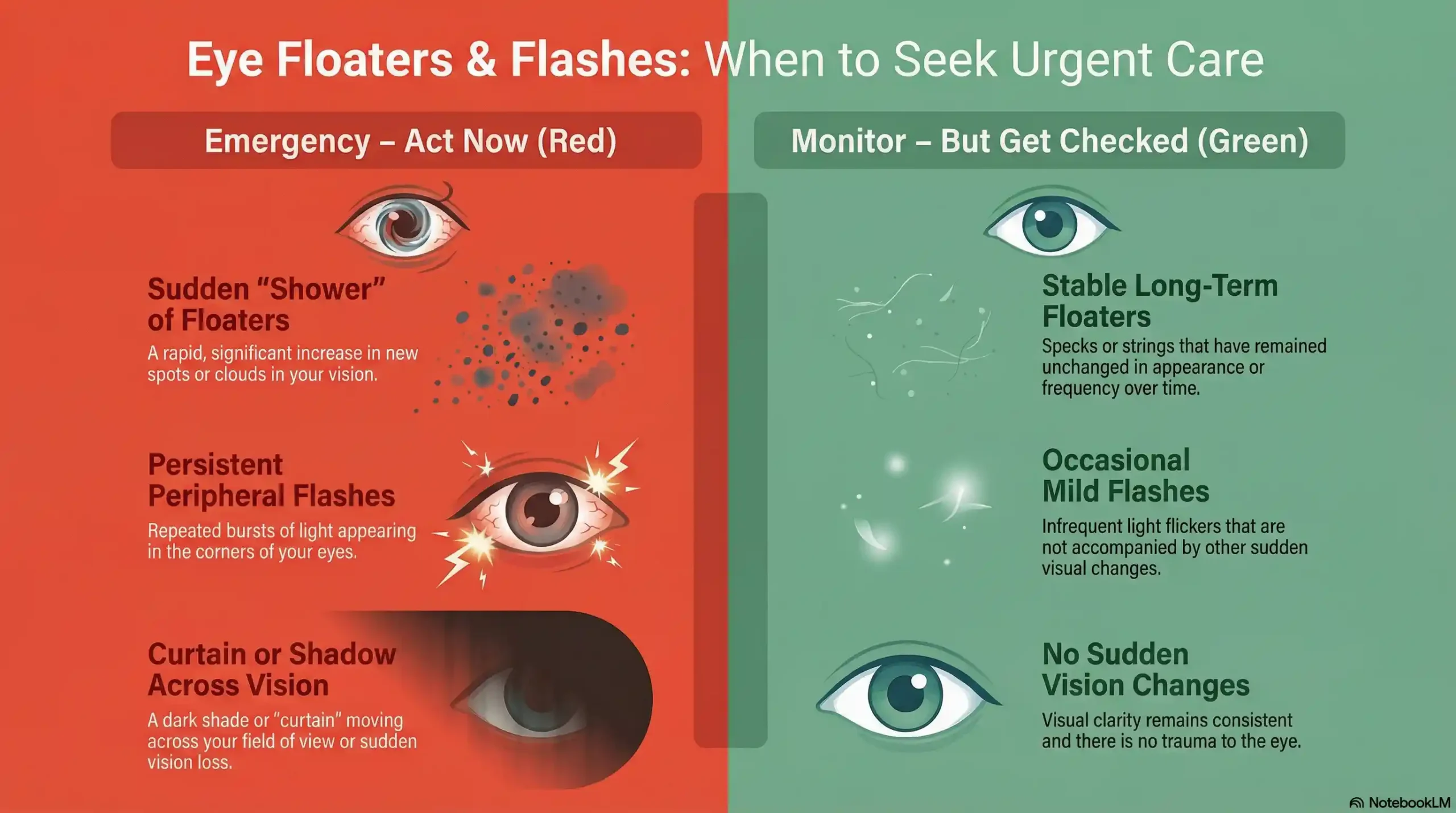 Infographic split into two columns: a red column listing emergency eye symptoms like sudden vision loss or a shower of floaters, and a green column listing non-emergency symptoms to monitor, such as stable long-term floaters.