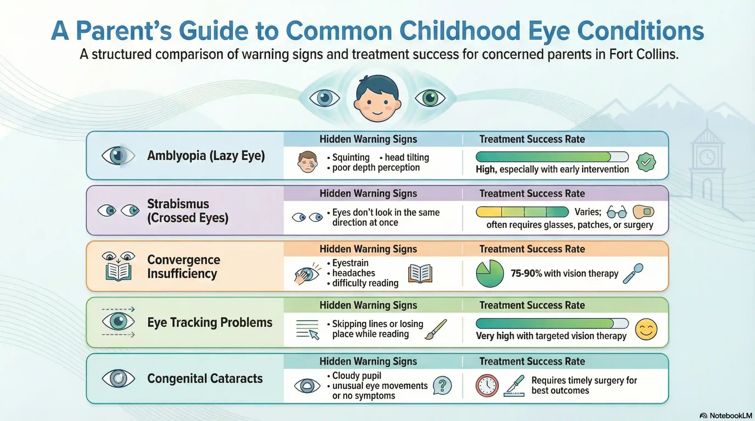 Chart of 5 common childhood eye issues including Amblyopia, Strabismus, and Convergence Insufficiency symptoms and treatments.