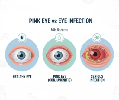 Pink eye vs eye infection comparison showing red irritated eye symptoms and signs that require an emergency eye exam.
