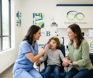 Optometrist performing a comprehensive pediatric eye exam for a young child at an eye clinic.