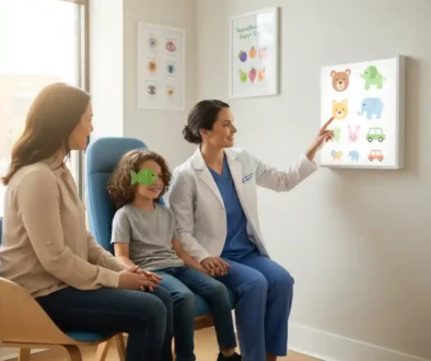 Optometrist performing a pediatric eye exam on a young child while a parent watches in a bright eye clinic.