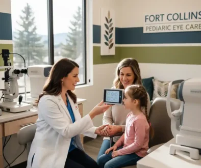 Optometrist performing a comprehensive pediatric eye exam for a child while a parent watches in a Fort Collins eye clinic.
