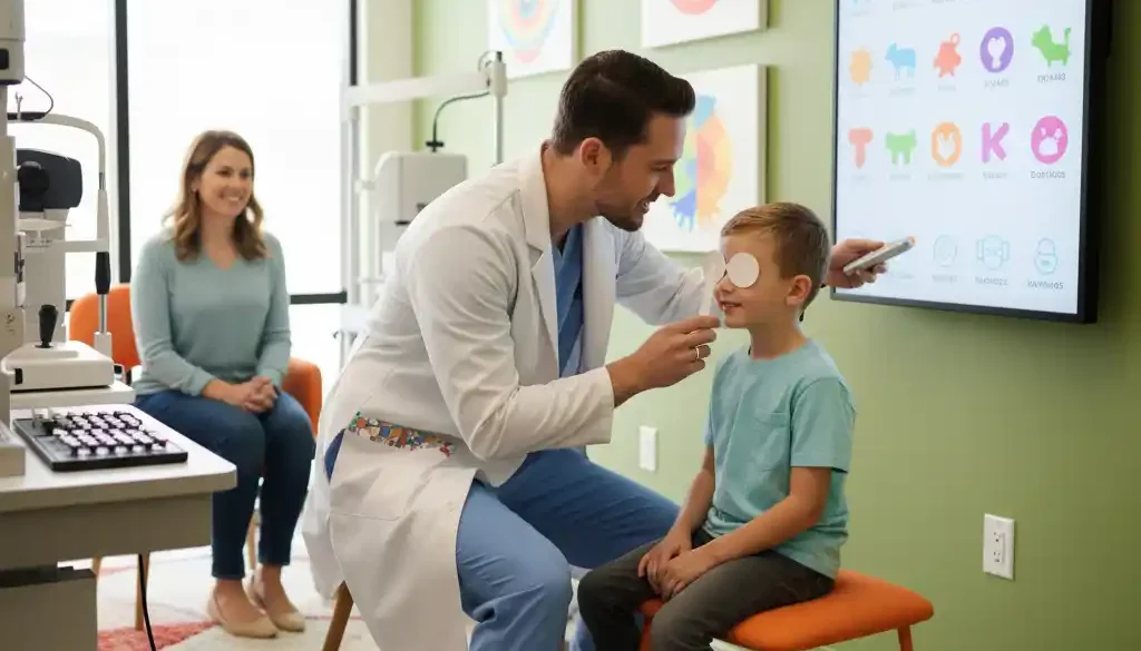 Child receiving a pediatric eye exam while checking a vision chart at an optometry clinic.