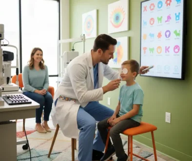 Child receiving a pediatric eye exam while checking a vision chart at an optometry clinic.