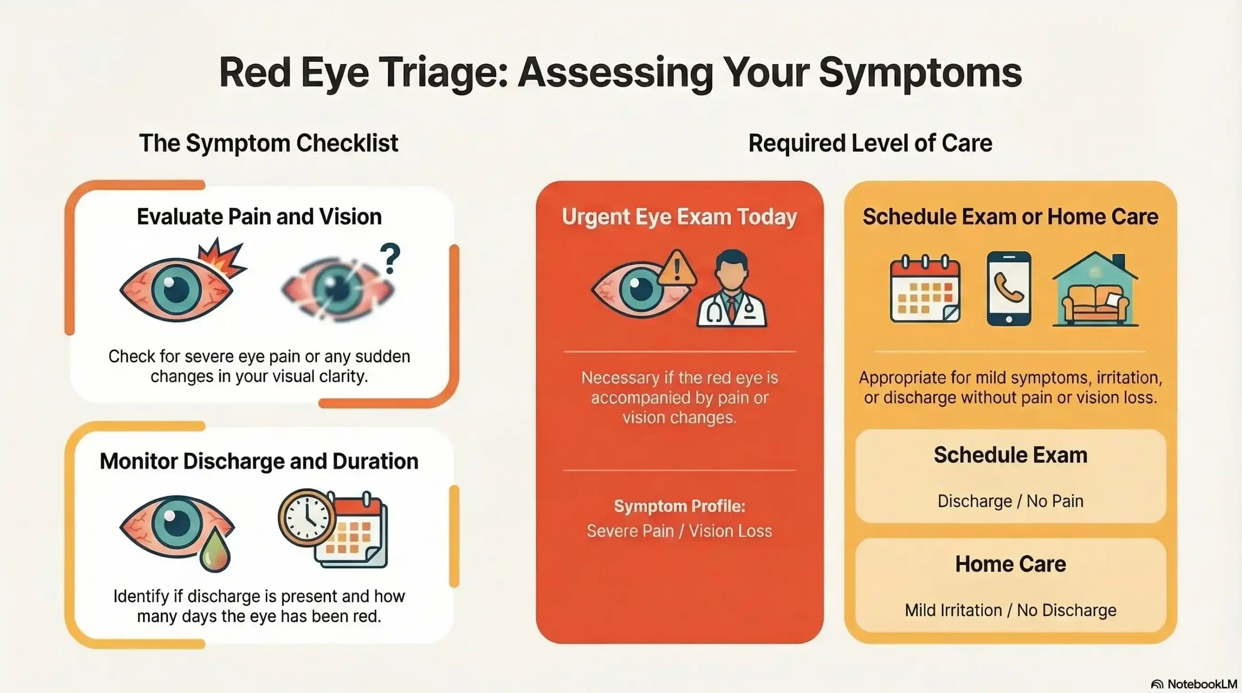 A flow chart guiding users from "My Eye Is Red" through symptoms like discharge, pain, vision changes, and duration to determine the necessary level of care.