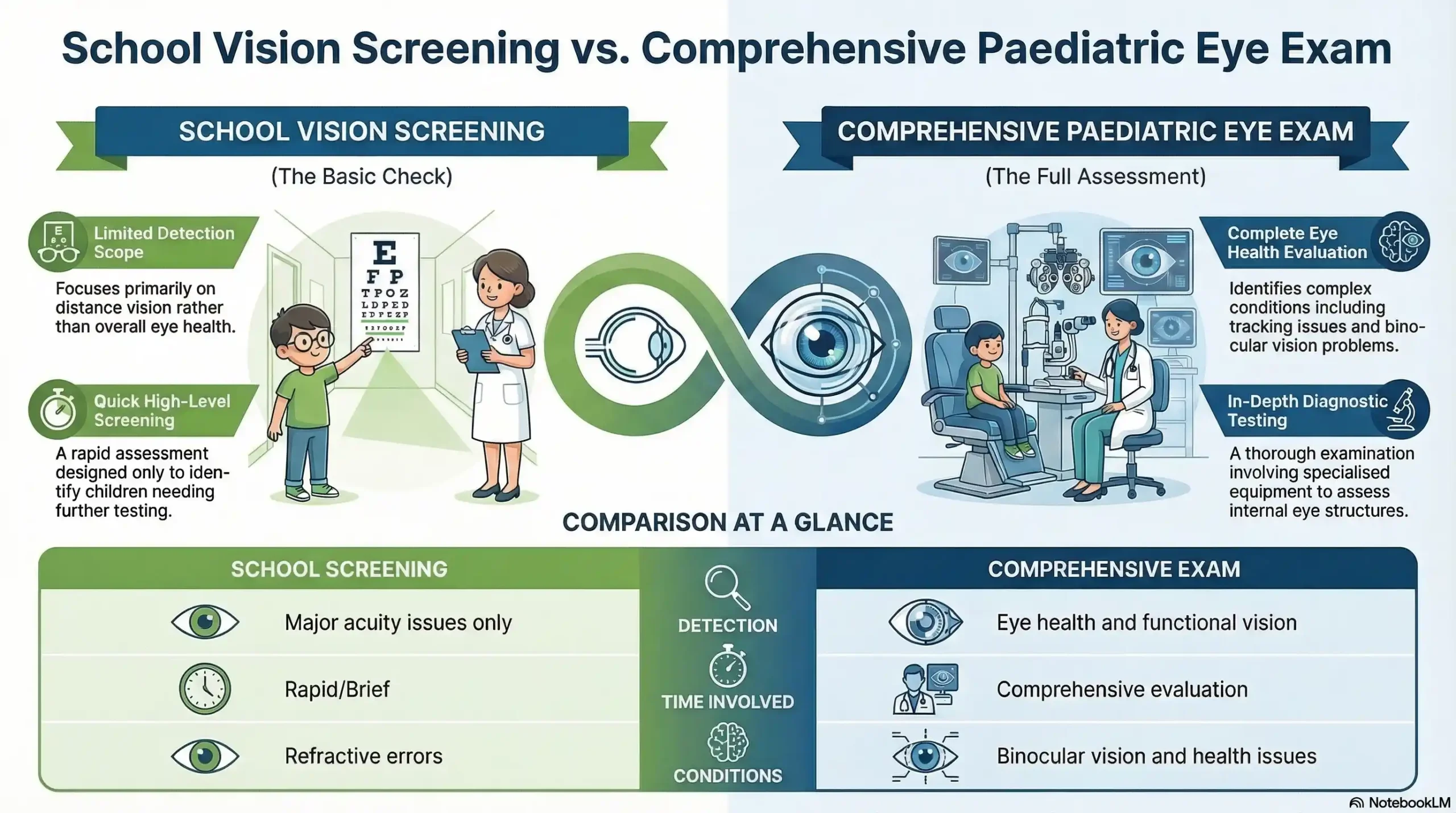 Blue and green infographic comparing school vision screenings and comprehensive pediatric eye exams based on detection, time, and conditions identified.