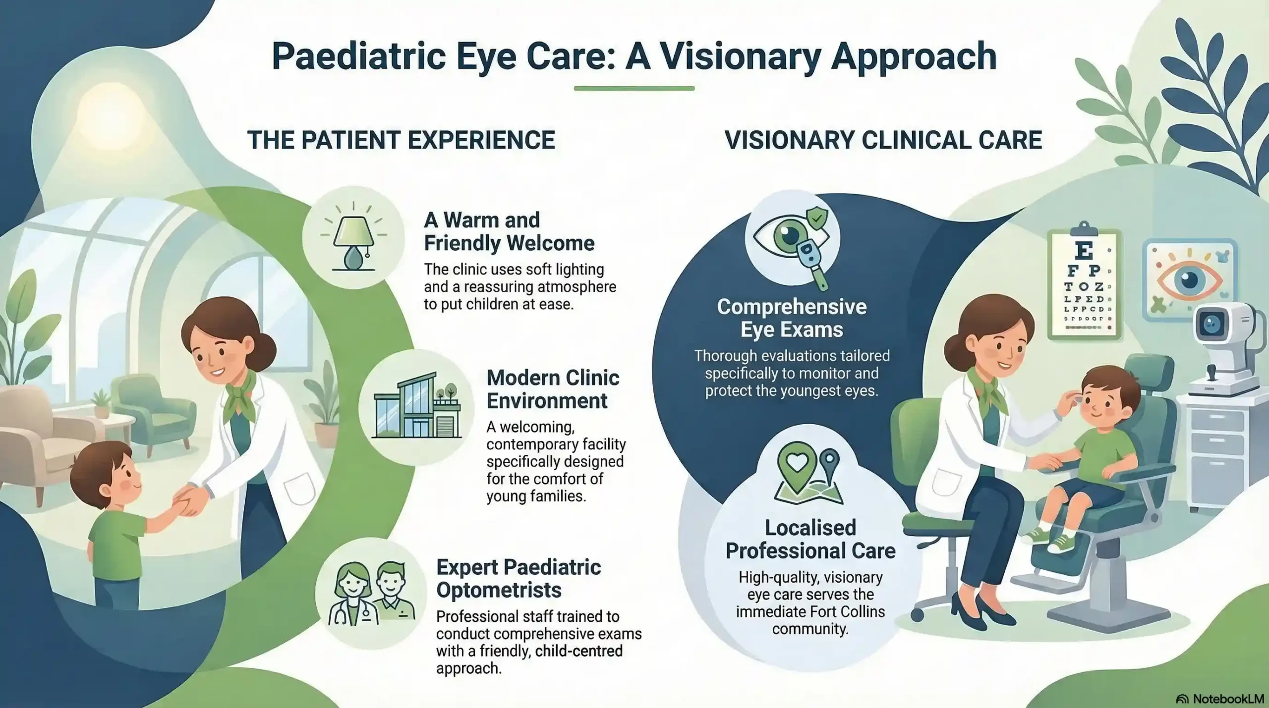 A friendly optometrist examining a young child's eyes in a modern Fort Collins clinic