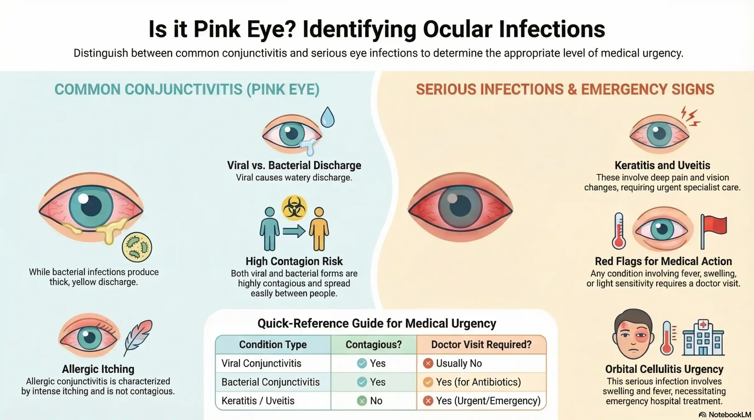A chart comparing six eye conditions (viral, bacterial, and allergic conjunctivitis, keratitis, uveitis, and orbital cellulitis) by symptoms, contagiousness, doctor visit requirements, and treatments.